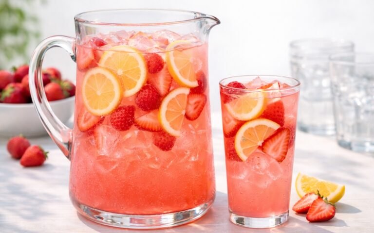 strawberry lemonade pitcher with lemon and strawberry slices
