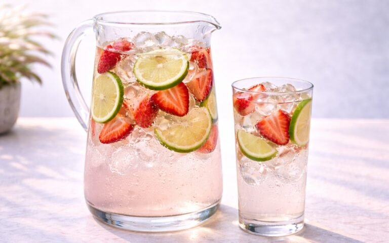 pitcher of strawberry lime infused water with fresh strawberries and lime slices