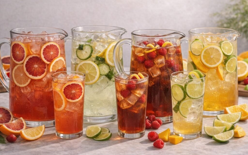 Assorted summer pitchers with fruit infused drinks made with citrus, berries, and ice, served in large glass pitchers and glasses.