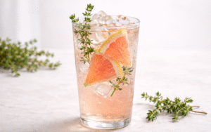 thyme grapefruit sparkling cooler served over ice with fresh thyme and grapefruit