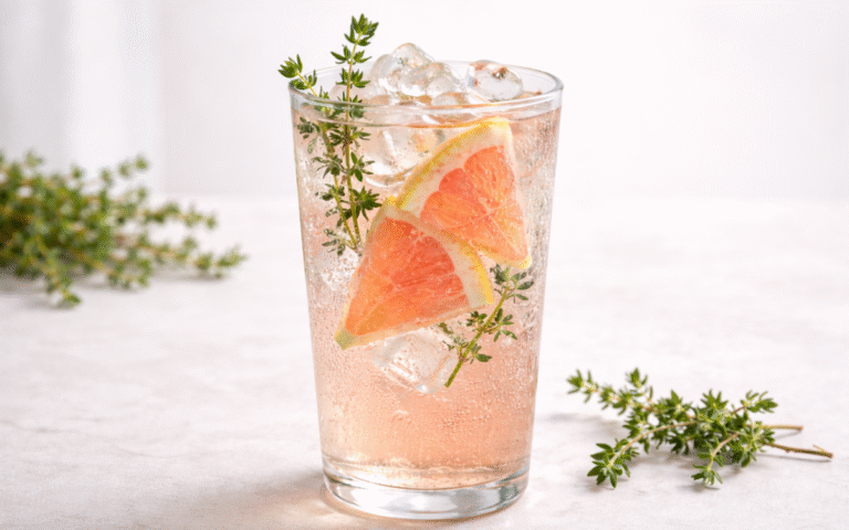 thyme grapefruit sparkling cooler served over ice with fresh thyme and grapefruit