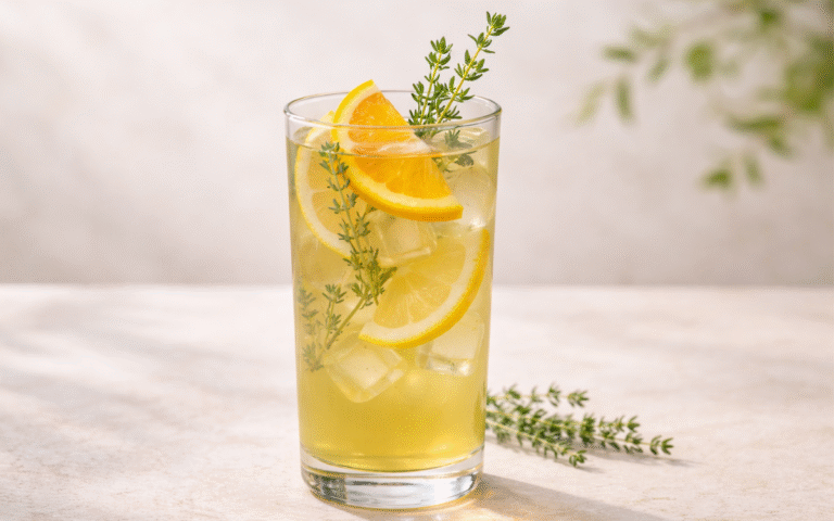 thyme lemon orange green tea cooler served over ice with citrus slices