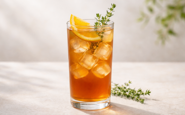thyme orange iced tea served over ice with fresh thyme and orange wedge