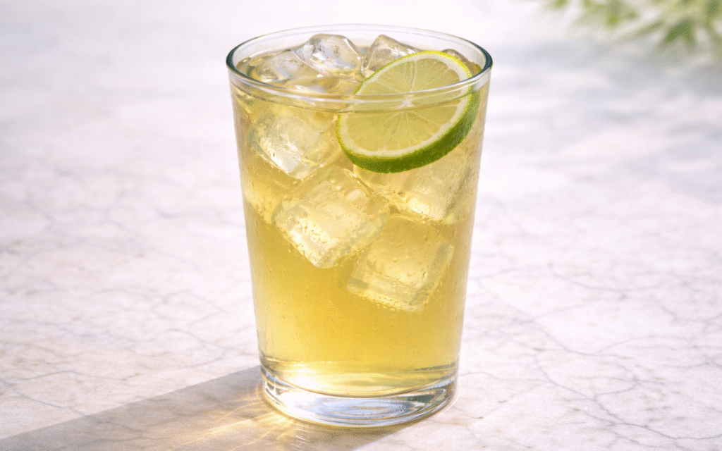 unsweetened lime iced green tea served over ice with lime slice