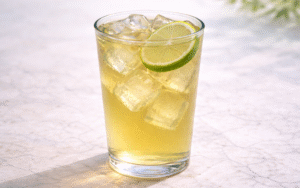 unsweetened lime iced green tea served over ice with lime slice