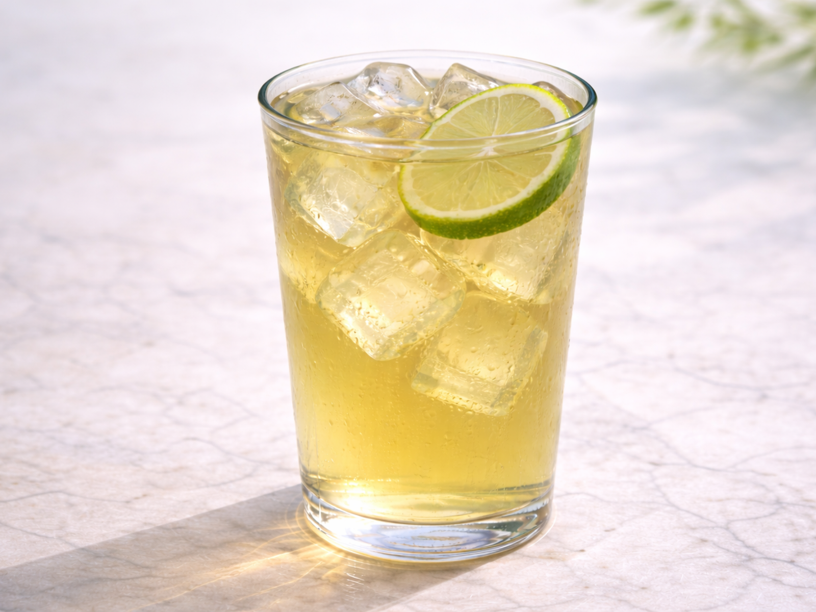 unsweetened lime iced green tea served over ice with lime slice