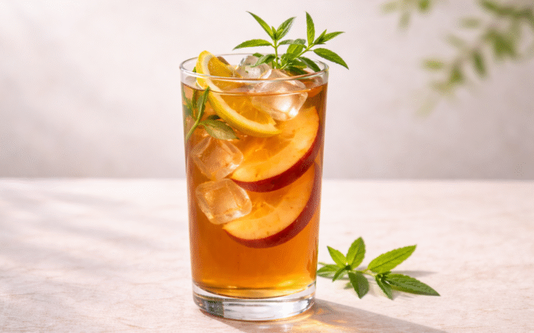 verbena peach iced black tea served over ice with peach slices and fresh verbena