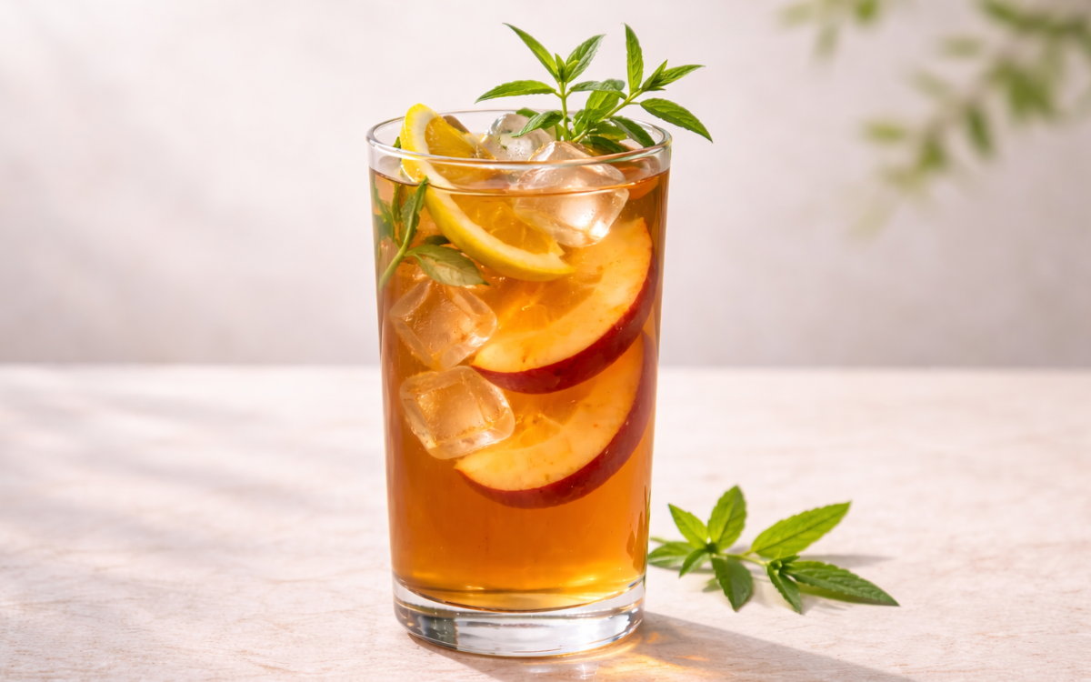verbena peach iced black tea served over ice with peach slices and fresh verbena