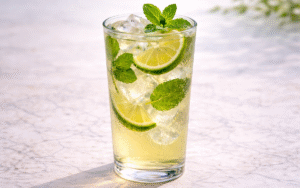 virgin mojito mocktail served over ice with fresh mint and lime