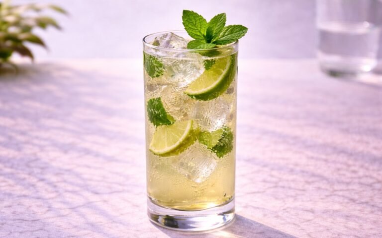 virgin mojito mocktail served over ice with fresh mint and lime