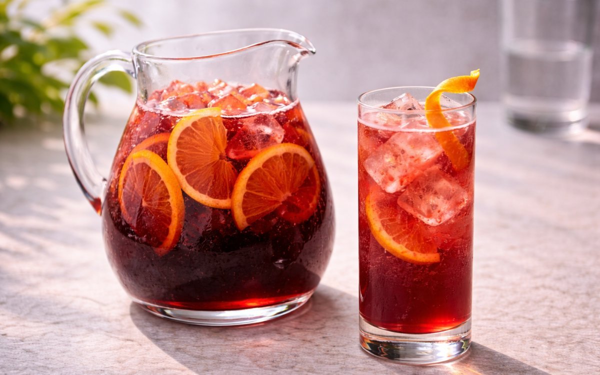 virgin spanish sangria with citrus slices and ice and orange peel twist