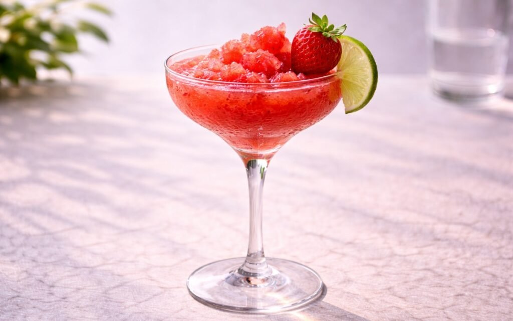 virgin strawberry daiquiri slushy with lime and frozen strawberries