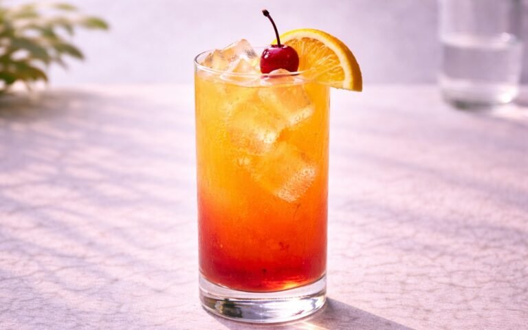 virgin tequila sunrise mocktail with orange juice and grenadine layers