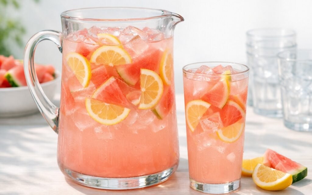 watermelon lemonade pitcher with lemon and watermelon slices