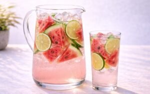 pitcher of watermelon lime infused water with fresh watermelon and lime slices