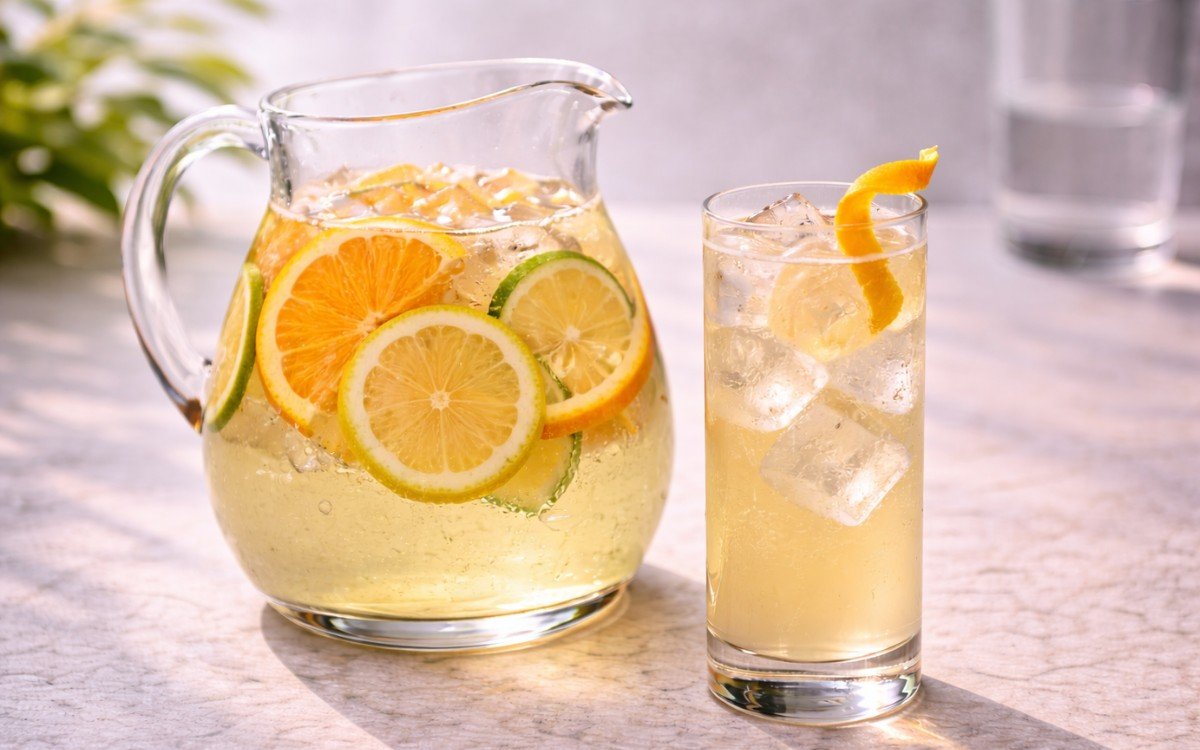 white sangria mocktail served over ice with citrus slices