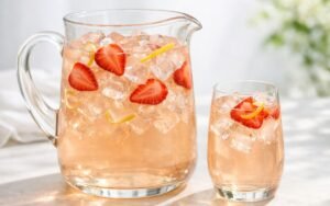 white tea strawberry pitcher with ice and fresh strawberries