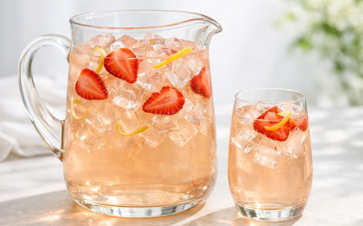 white tea strawberry pitcher with ice and fresh strawberries