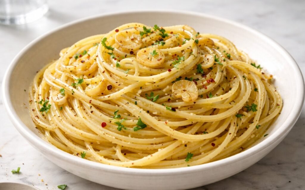 Close-up of glossy aglio e olio pasta twirled on a fork showing golden garlic slices and red pepper flakes clinging to spaghetti strands