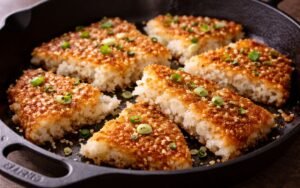 Golden crispy rice pieces with sesame seeds and green onions on a dark plate