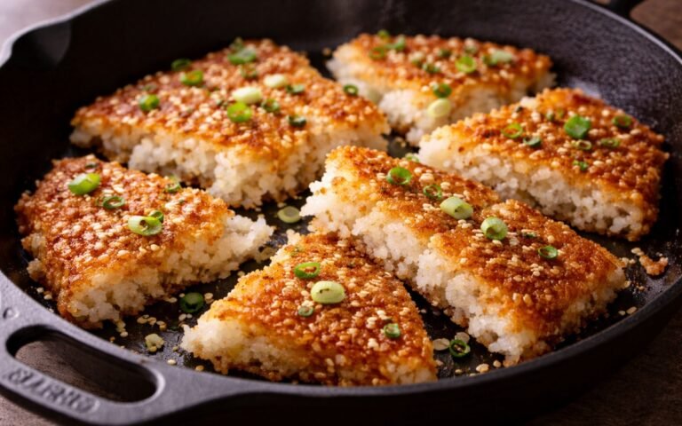 Golden crispy rice pieces with sesame seeds and green onions on a dark plate