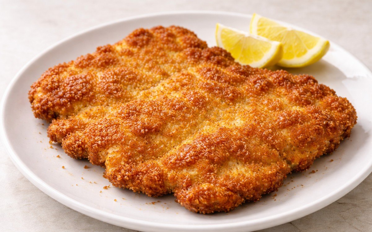 Golden crispy breaded pork schnitzel cutlet with lemon wedges on white plate