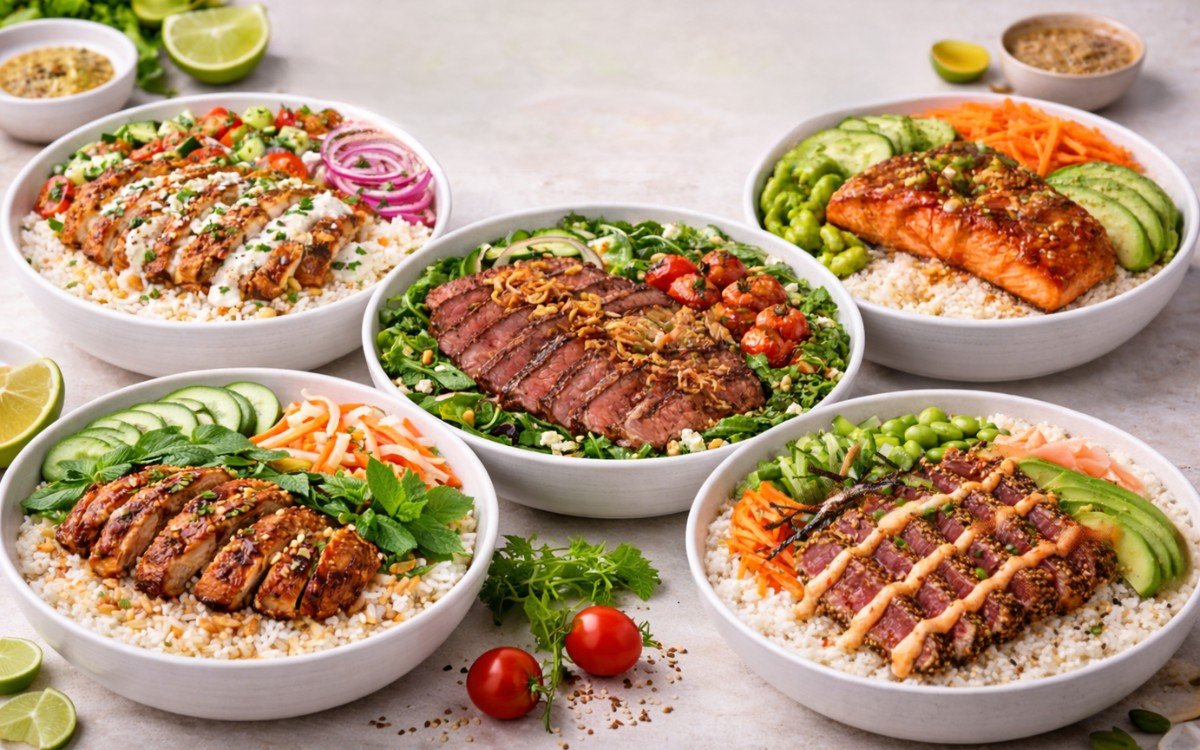 Assorted balanced meal bowls with salmon, steak, chicken, rice, vegetables, and fresh toppings served in ceramic bowls.