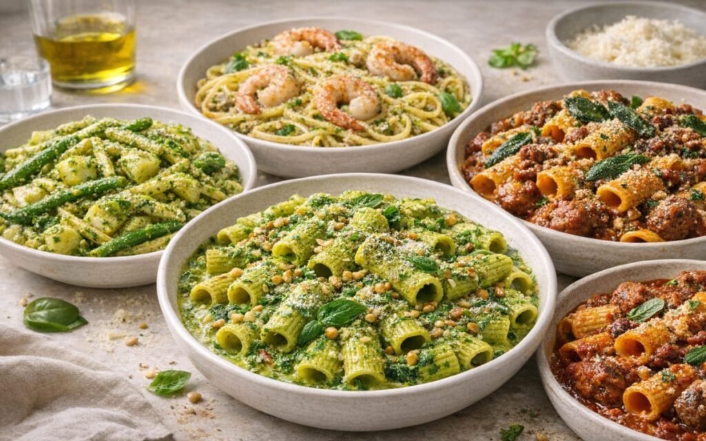 Assorted pasta dishes including pesto rigatoni, shrimp spaghetti, vegetable pasta, and hearty meat ragù served in ceramic bowls.
