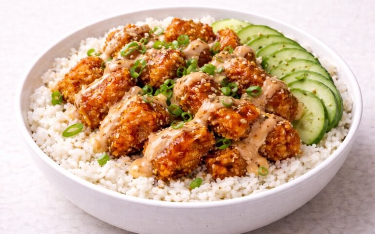 Bang Bang chicken rice bowl, Crispy golden fried chicken pieces glazed with creamy bang bang sauce served over white jasmine rice with sliced cucumbers and scallions in a white bowl