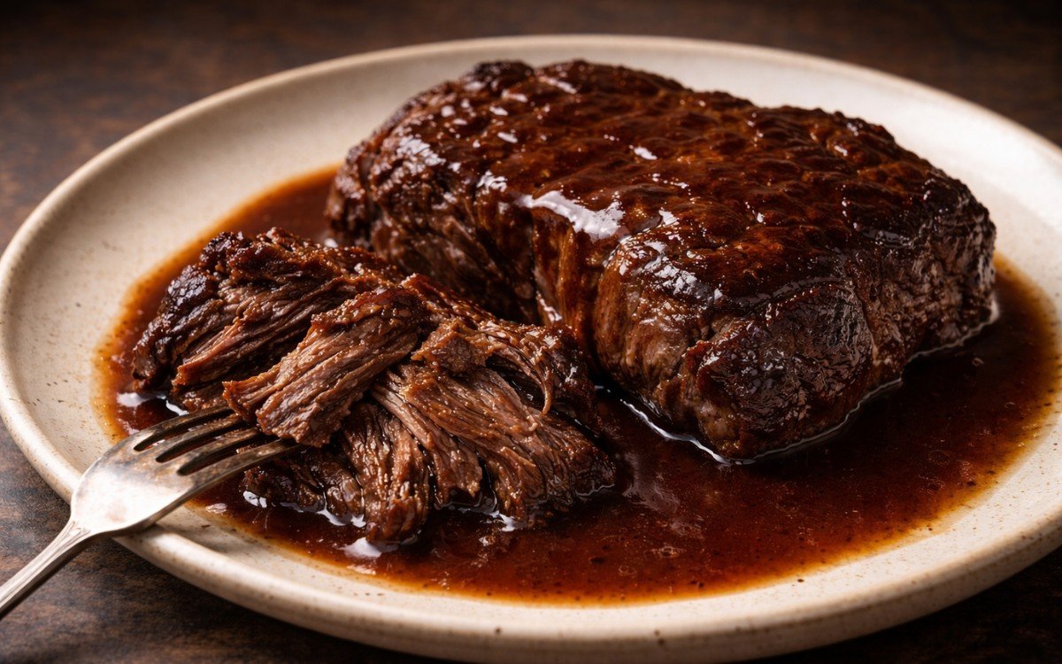 Fork-tender braised beef chuck steak in rich brown sauce with herbs