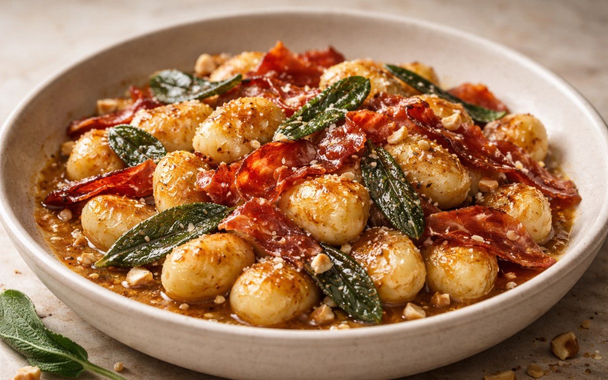 Brown butter sage gnocchi topped with crispy prosciutto and Parmesan in a shallow bowl