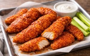 Crispy buffalo chicken tenders with tangy sauce on white plate