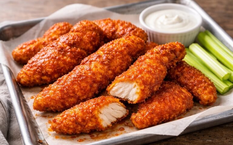 Crispy buffalo chicken tenders with tangy sauce on white plate