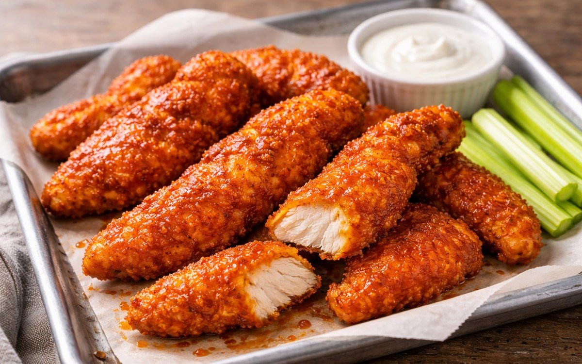Crispy buffalo chicken tenders with tangy sauce on white plate