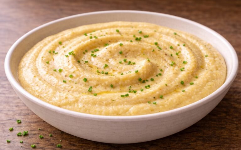 Bowl of creamy golden polenta topped with butter pat and grated Parmesan cheese