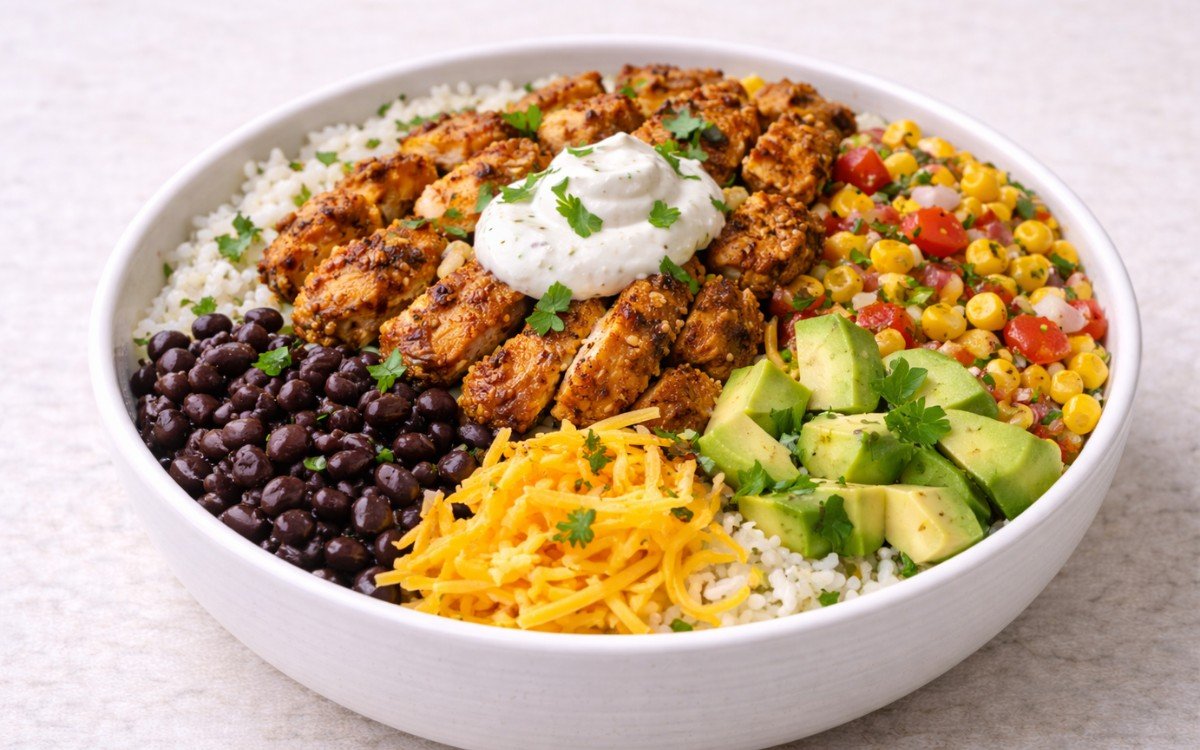 classic chicken burrito bowl with cilantro-lime rice, seasoned chicken thighs, charred corn salsa, black beans, avocado, cheese, and sour cream in a white bowl