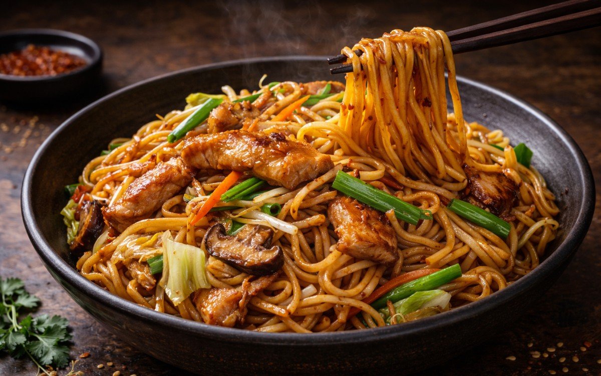 Close-up of chicken chow mein with crispy golden egg noodles, sliced chicken thighs, and colorful stir-fried vegetables including cabbage, carrots, and mushrooms in savory sauce