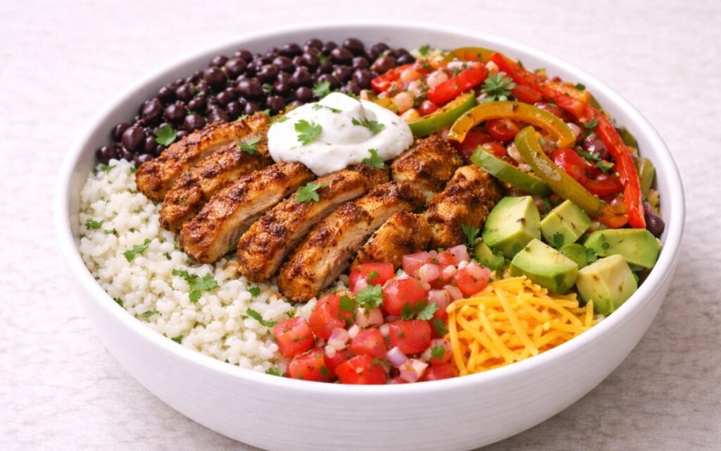 Colorful chicken fajita rice bowl with charred peppers, black beans, avocado, and sour cream over cilantro-lime rice