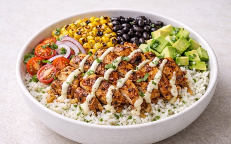 Colorful chili lime chicken rice bowl with charred corn, black beans, avocado, tomatoes, and creamy drizzle
