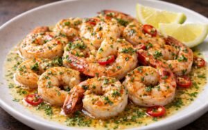 Seared chili lime shrimp garnished with fresh cilantro in a skillet