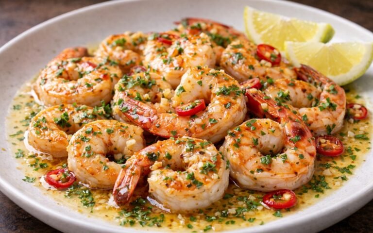 Seared chili lime shrimp garnished with fresh cilantro in a skillet