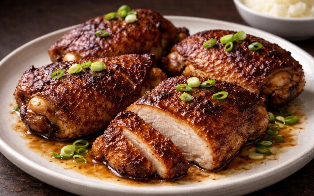 Crispy golden Chinese five-spice chicken thighs garnished with fresh scallions on white plate