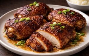 Crispy golden Chinese five-spice chicken thighs garnished with fresh scallions on white plate