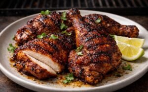 Chipotle grilled chicken legs with charred crispy skin served with lime wedges