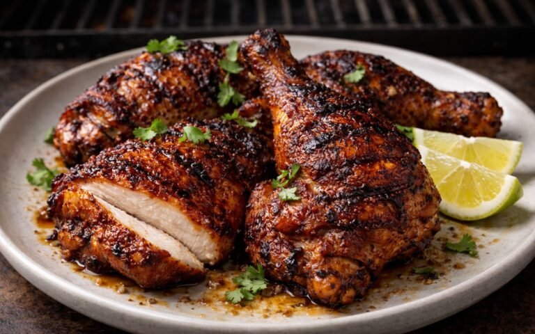 Chipotle grilled chicken legs with charred crispy skin served with lime wedges