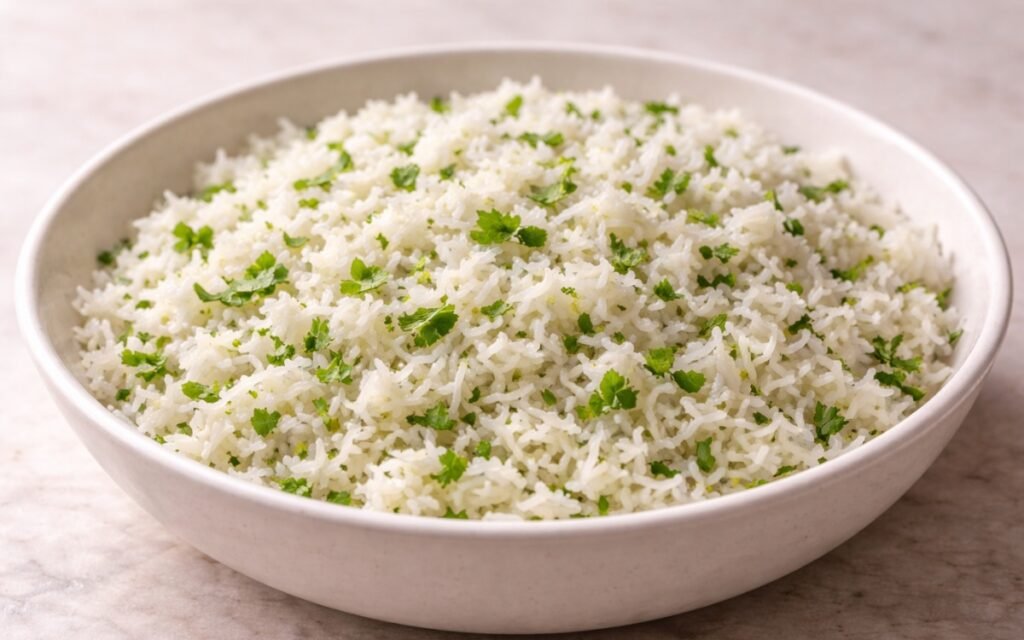 White bowl filled with fluffy jasmine rice mixed with bright green cilantro and lime wedges on the side