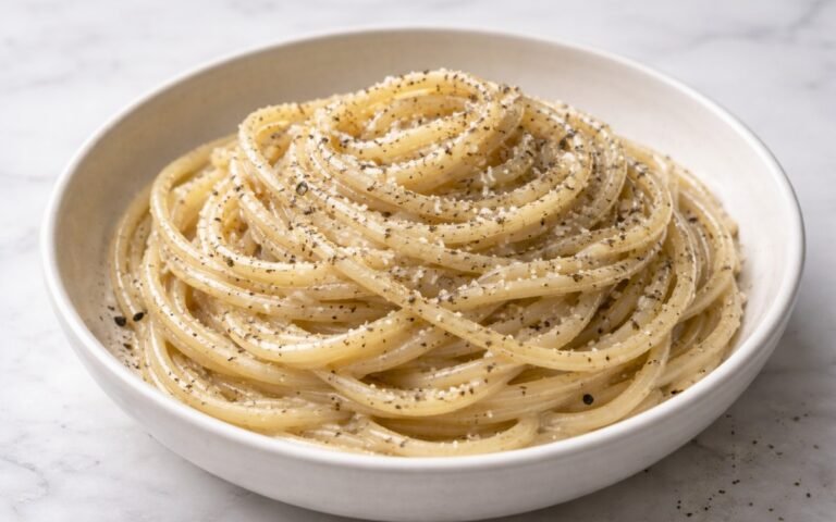 Close-up of creamy cacio e pepe pasta with freshly cracked black pepper and grated Pecorino Romano coating glossy tonnarelli strands in a white bowl