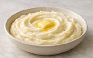 Bowl of creamy classic mashed potatoes with butter melting on top and black pepper