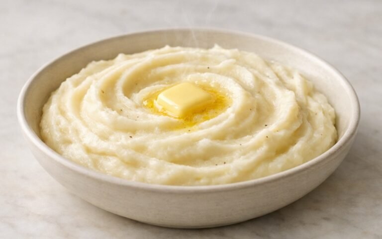 Bowl of creamy classic mashed potatoes with butter melting on top and black pepper