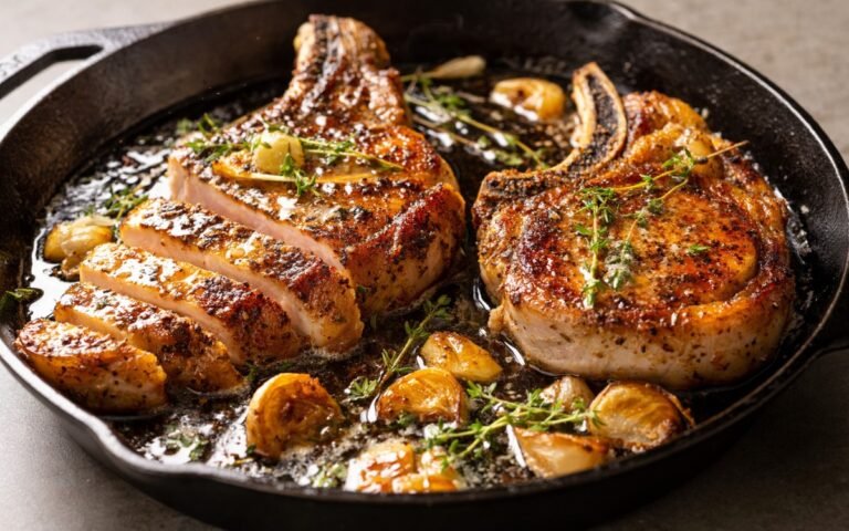 Golden seared bone-in pork chops with butter garlic thyme basting in cast iron skillet